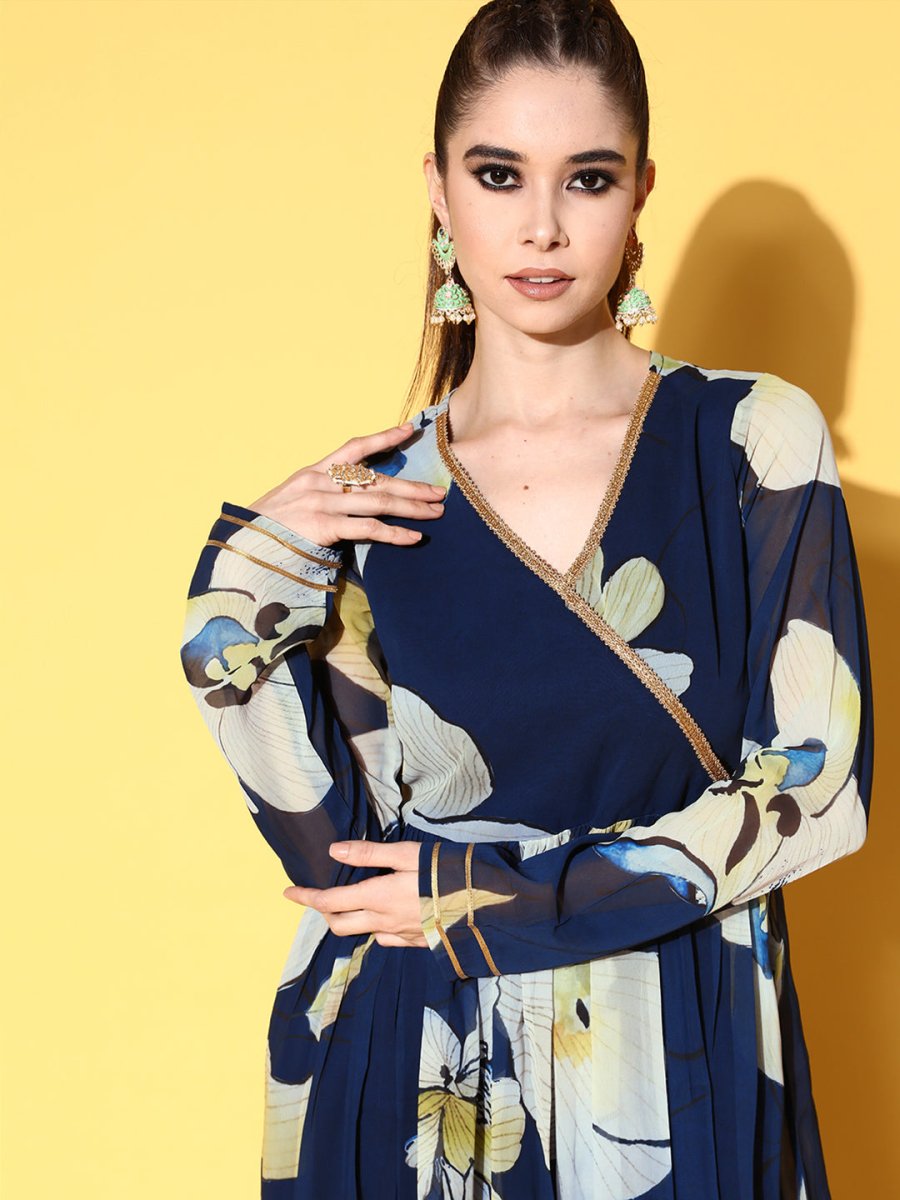 Ahalyaa Women Floral Printed Navy Blue Angrakha Kurta with Palazzos | Grocsy