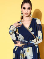 Ahalyaa Women Floral Printed Navy Blue Angrakha Kurta with Palazzos | Grocsy
