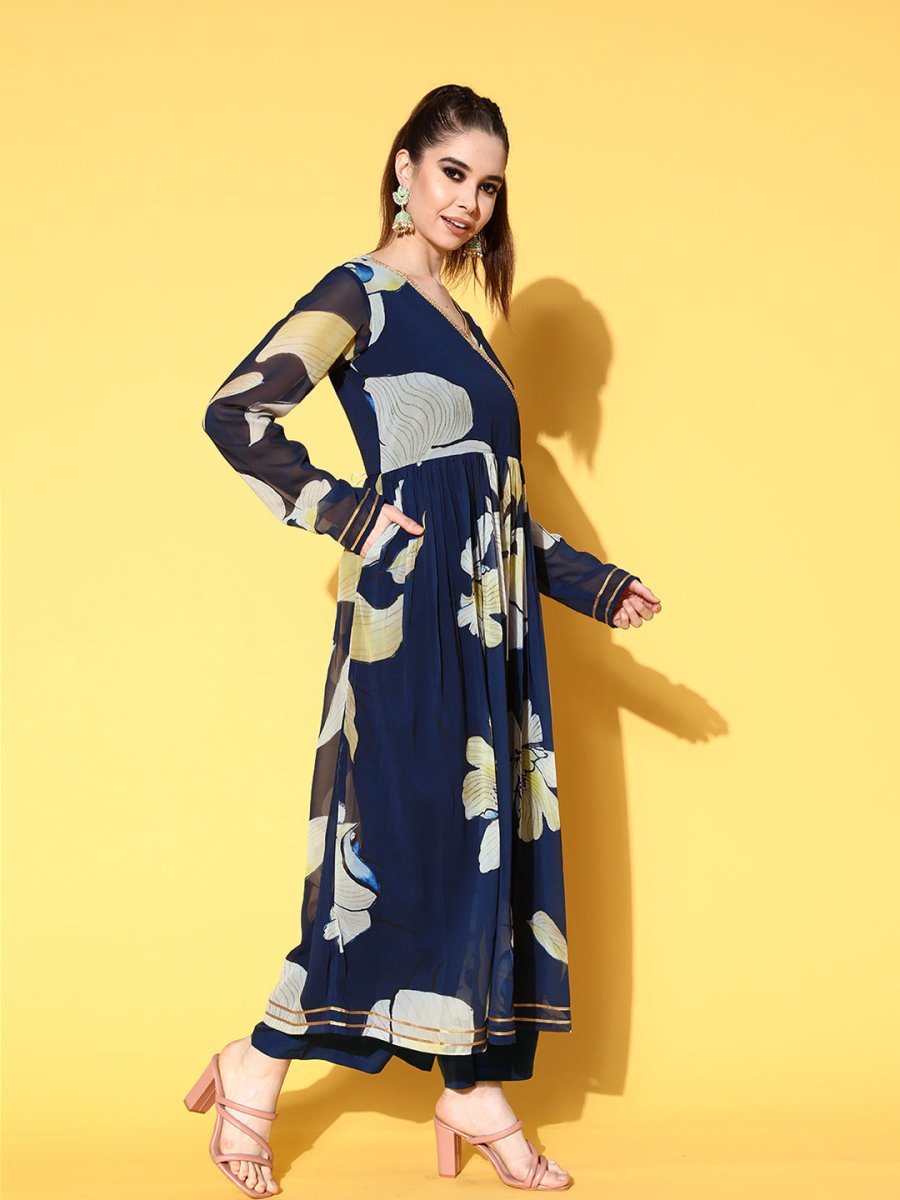Ahalyaa Women Floral Printed Navy Blue Angrakha Kurta with Palazzos | Grocsy