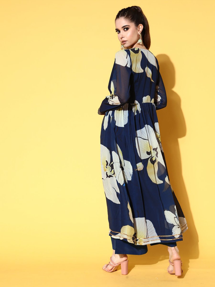 Ahalyaa Women Floral Printed Navy Blue Angrakha Kurta with Palazzos | Grocsy