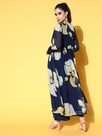 Ahalyaa Women Floral Printed Navy Blue Angrakha Kurta with Palazzos | Grocsy