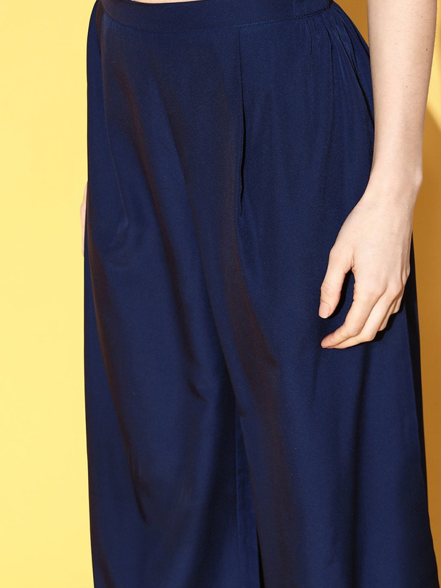 Ahalyaa Women Floral Printed Navy Blue Angrakha Kurta with Palazzos | Grocsy