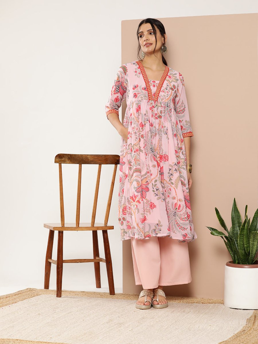 Ahalyaa Women Floral Printed Pleated Kurta With Palazzos | Grocsy