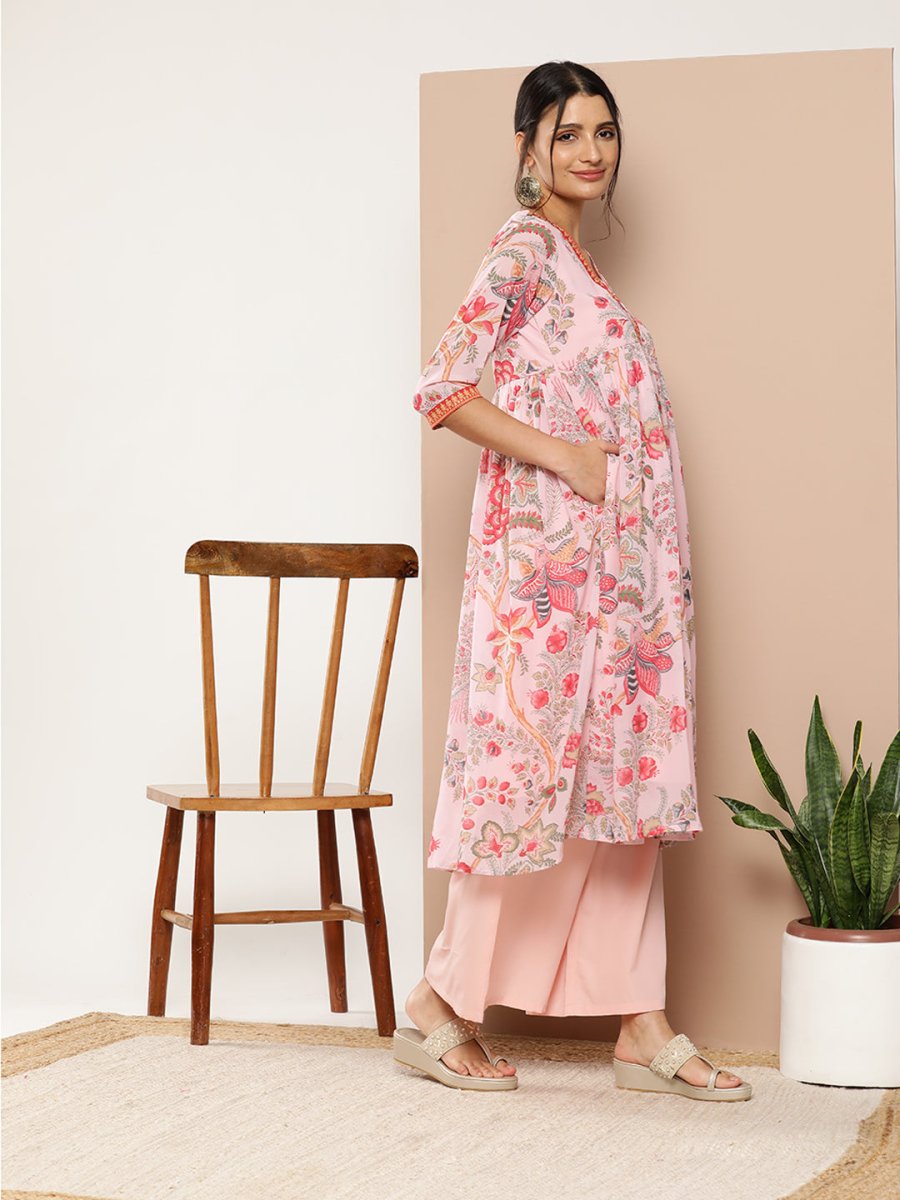 Ahalyaa Women Floral Printed Pleated Kurta With Palazzos | Grocsy