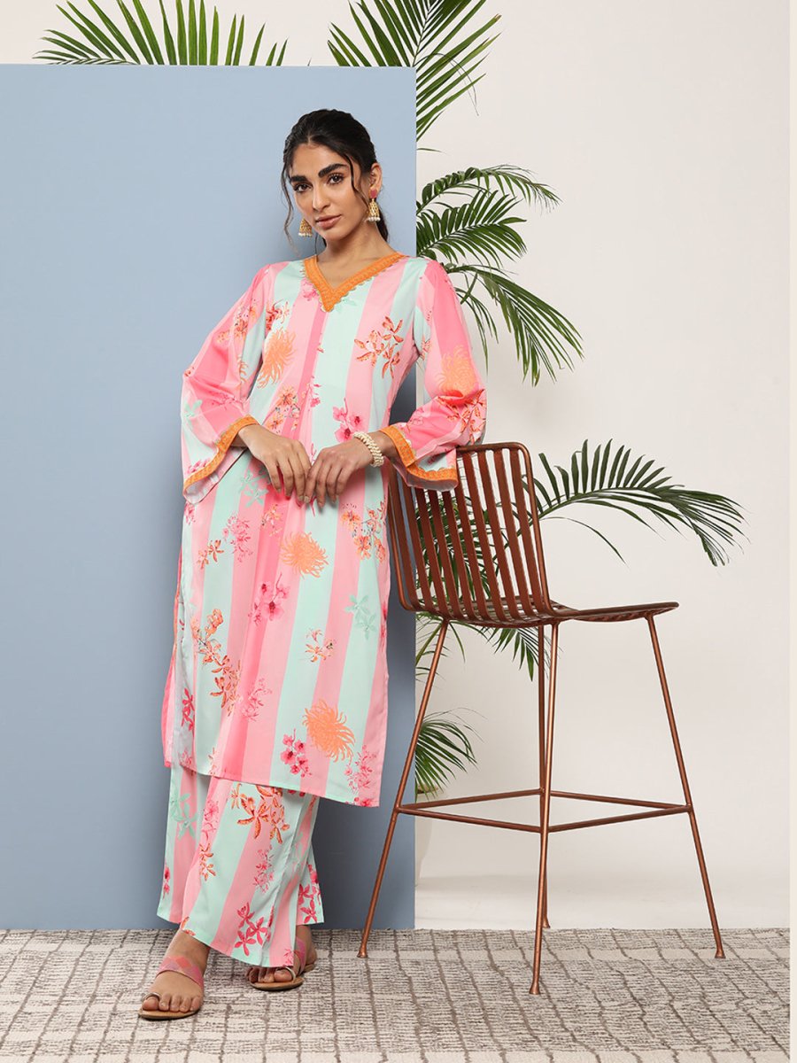 Ahalyaa Women Pink Floral Printed Pleated Gotta Patti Kurta with Palazzos | Grocsy