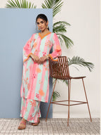 Ahalyaa Women Pink Floral Printed Pleated Gotta Patti Kurta with Palazzos | Grocsy