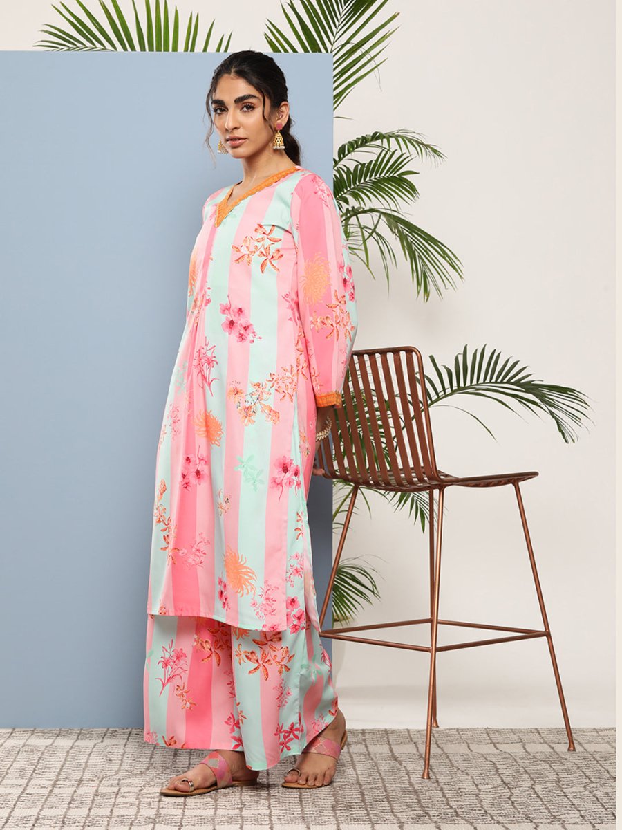 Ahalyaa Women Pink Floral Printed Pleated Gotta Patti Kurta with Palazzos | Grocsy