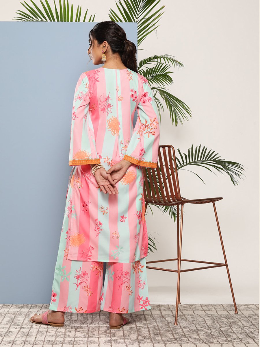 Ahalyaa Women Pink Floral Printed Pleated Gotta Patti Kurta with Palazzos | Grocsy