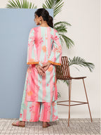 Ahalyaa Women Pink Floral Printed Pleated Gotta Patti Kurta with Palazzos | Grocsy