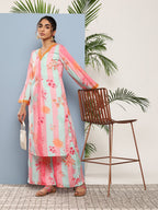 Ahalyaa Women Pink Floral Printed Pleated Gotta Patti Kurta with Palazzos | Grocsy