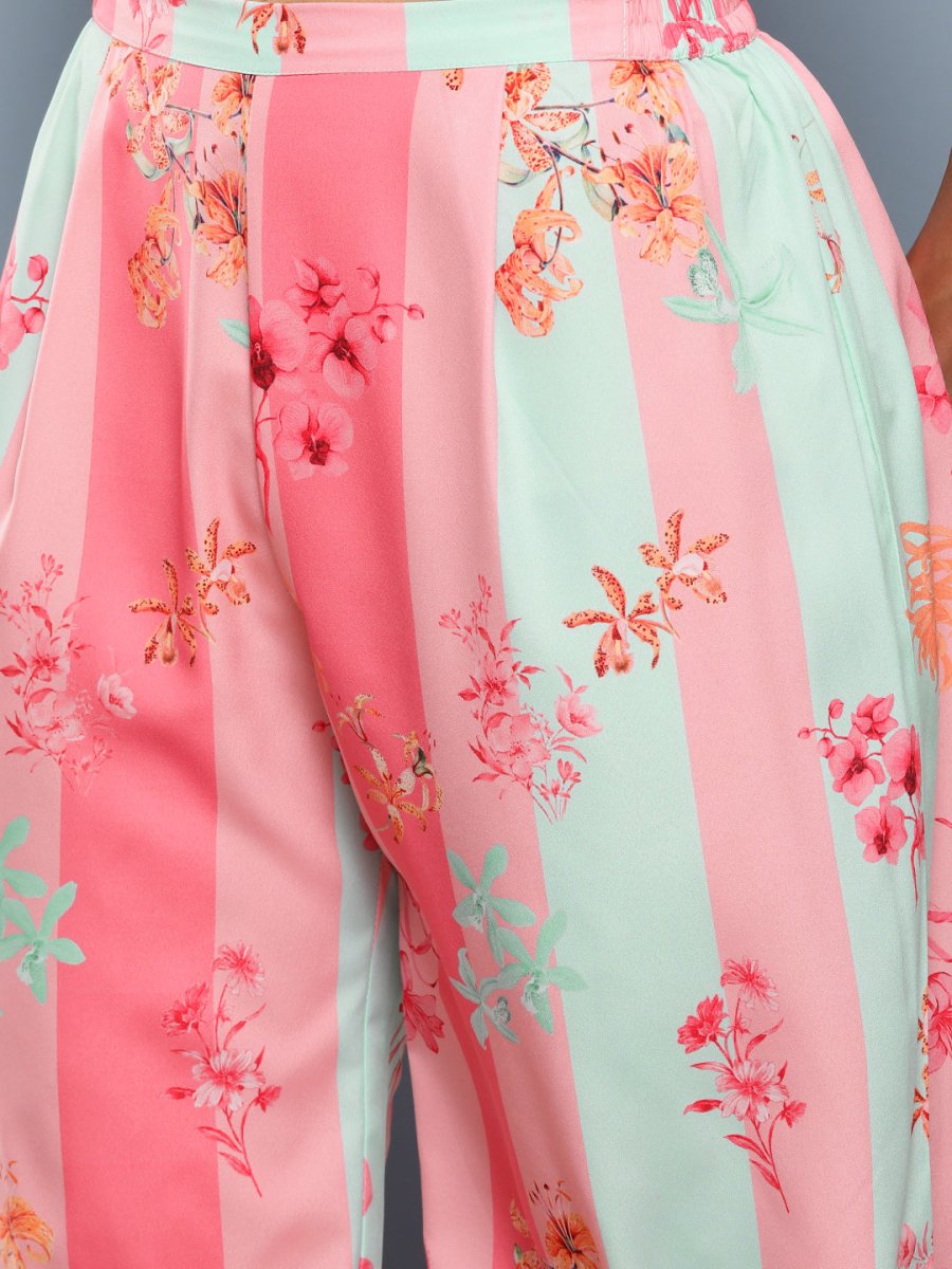 Ahalyaa Women Pink Floral Printed Pleated Gotta Patti Kurta with Palazzos | Grocsy