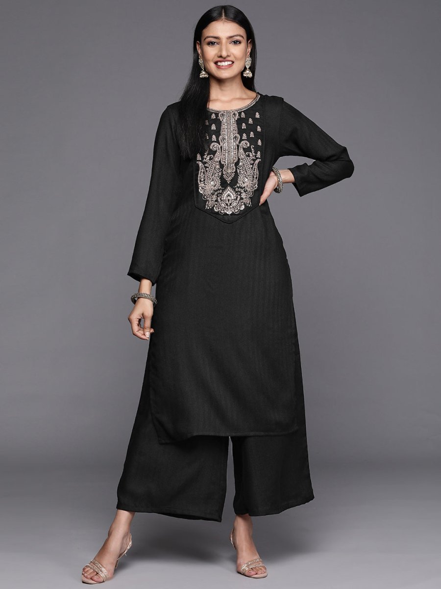 Ahalyaa Women Black Embroidered Aari Work Pashmina Kurta With Palazzos | Grocsy