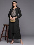 Ahalyaa Women Black Embroidered Aari Work Pashmina Kurta With Palazzos | Grocsy