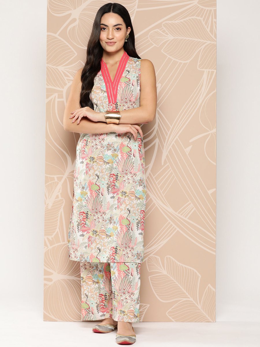 Ahalyaa Floral Printed Regular Gotta Patti Kurta with Palazzos | Grocsy