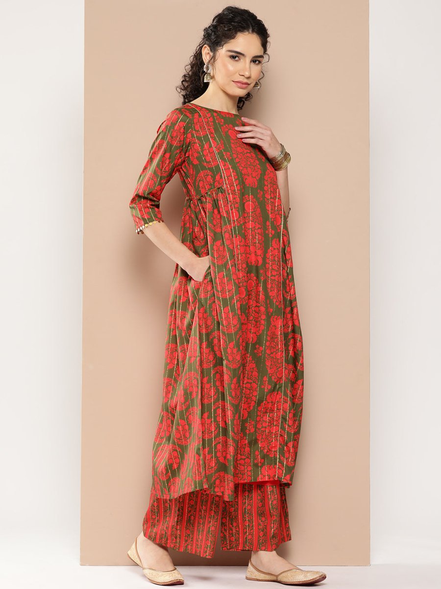 Ahalyaa Women Floral Printed Panelled Sequinned Kurta with Palazzos | Grocsy
