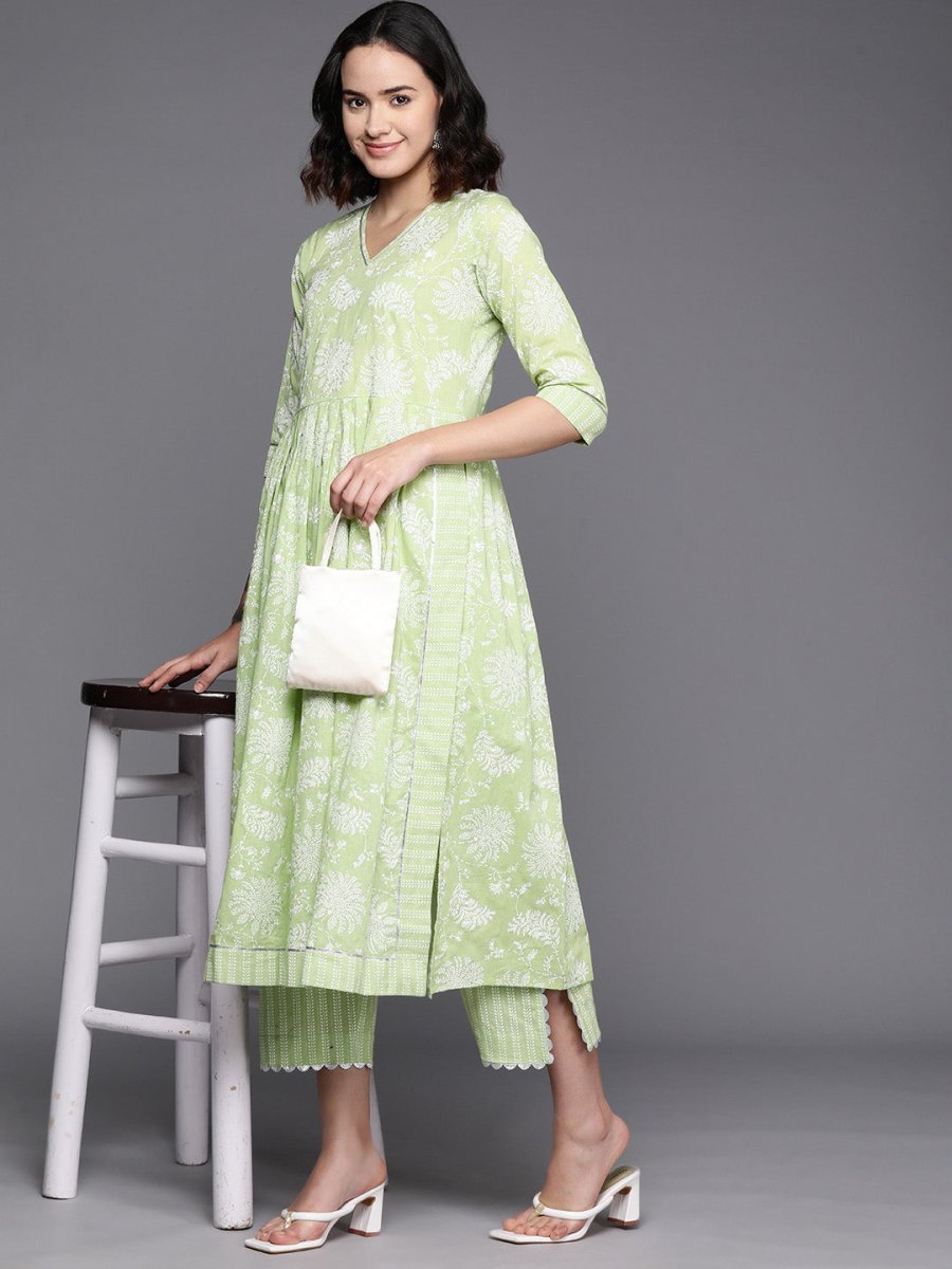 Ahalyaa Floral Printed High Slit Gotta Patti Pure Cotton Kurta With Trousers | Grocsy