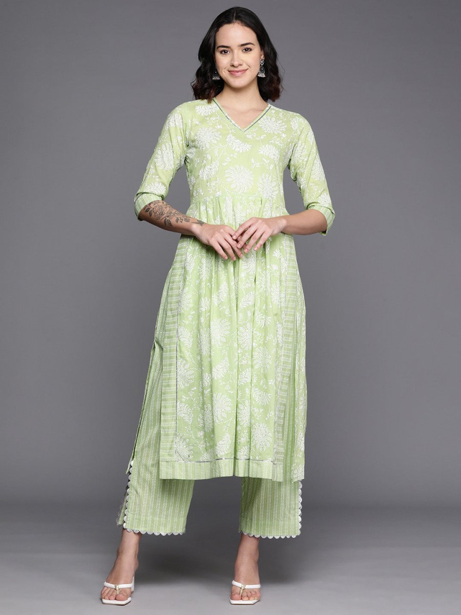 Ahalyaa Floral Printed High Slit Gotta Patti Pure Cotton Kurta With Trousers | Grocsy