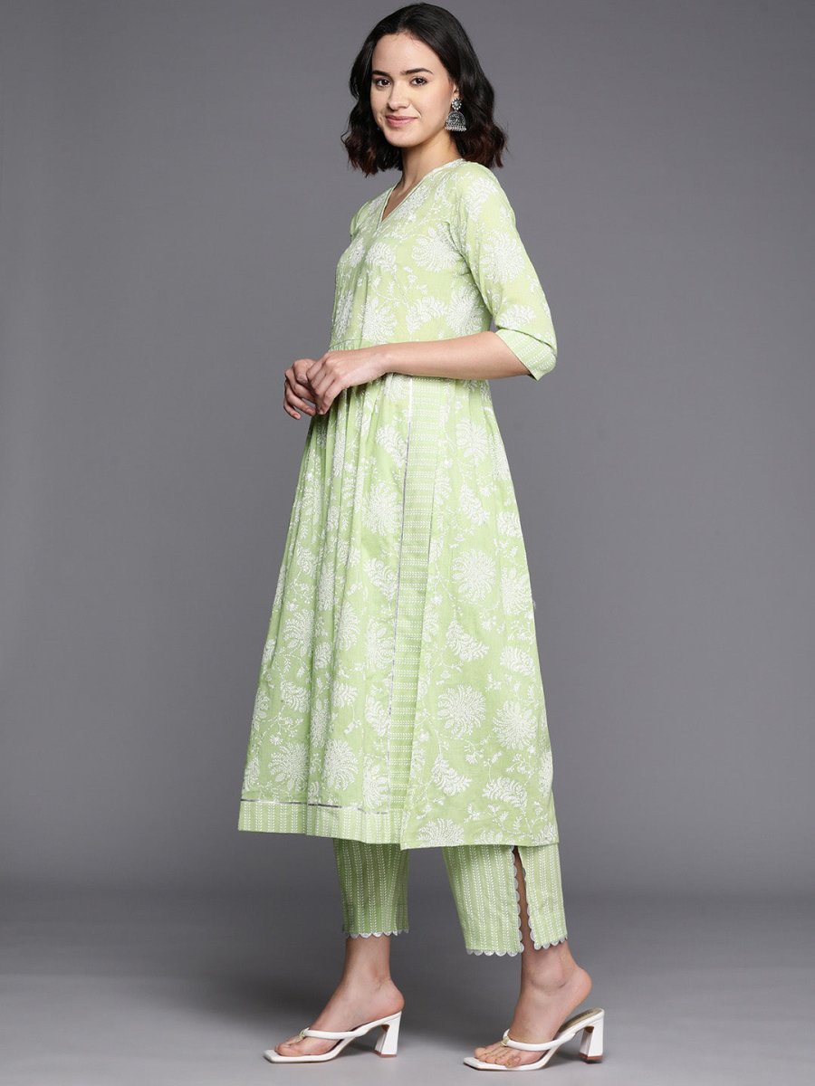 Ahalyaa Floral Printed High Slit Gotta Patti Pure Cotton Kurta With Trousers | Grocsy