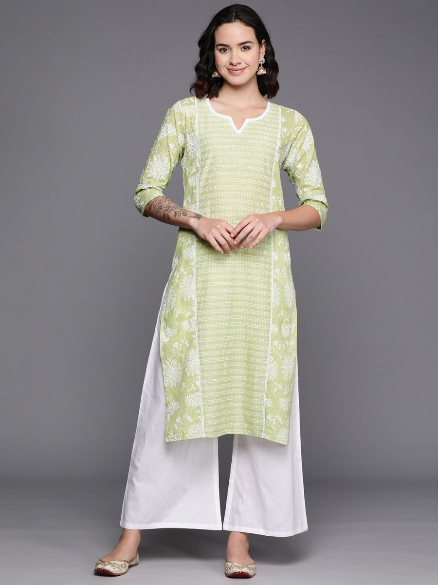 Ahalyaa Floral Printed Panelled Sweetheart Neck Pure Cotton Kurta With Palazzos | Grocsy