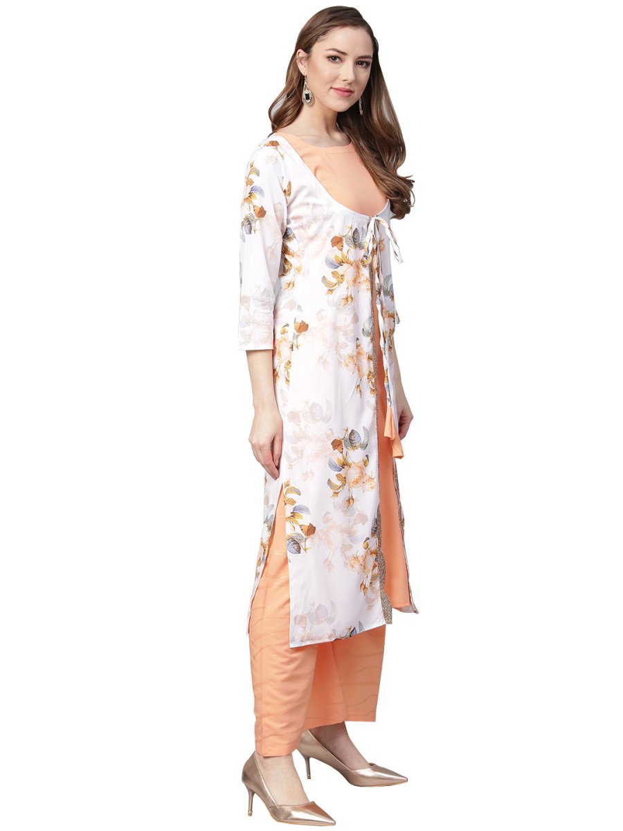 Ahalyaa White & Peach Floral Jacket Style Kurta With Plazzo | Grocsy
