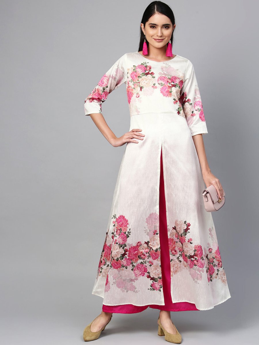 Ahalyaa Off-White & Pink Printed Kurta with Palazzo | Grocsy
