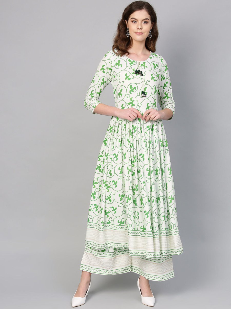 Ahalyaa Green Round Neck Assymetrical Floral Kurta with Palazzo | Grocsy