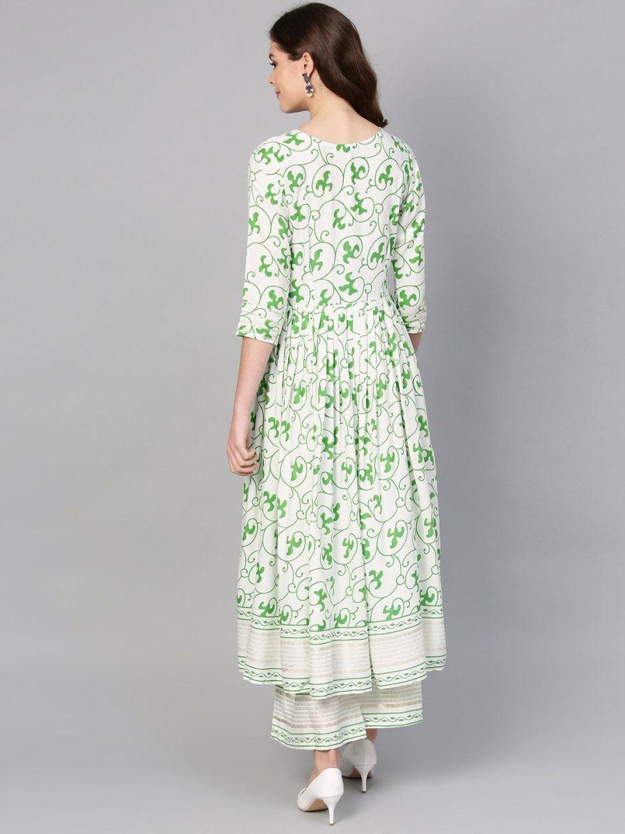 Ahalyaa Green Round Neck Assymetrical Floral Kurta with Palazzo | Grocsy