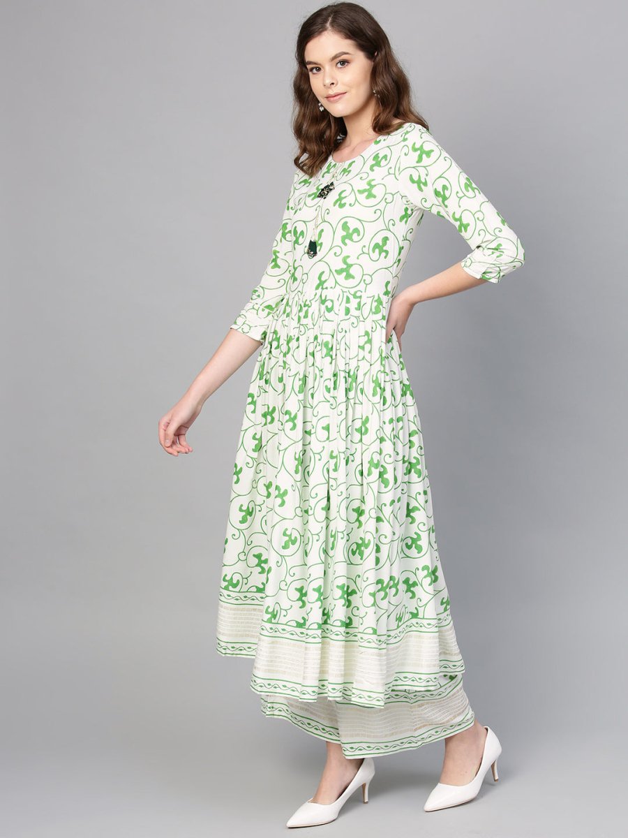 Ahalyaa Green Round Neck Assymetrical Floral Kurta with Palazzo | Grocsy
