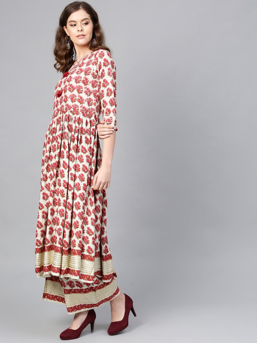 Ahalyaa Multi-color Round Neck Asymmetrical Floral Kurta with Palazzo | Grocsy