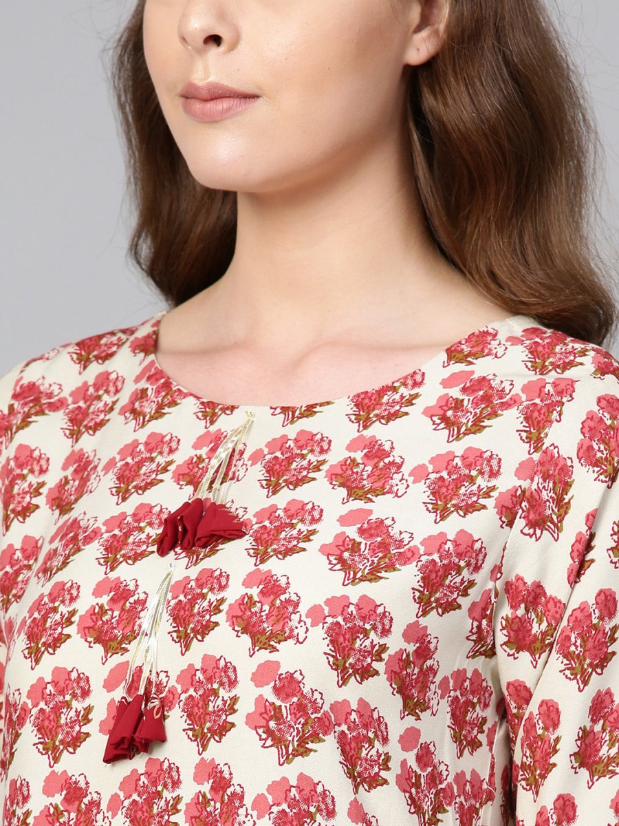 Ahalyaa Multi-color Round Neck Asymmetrical Floral Kurta with Palazzo | Grocsy