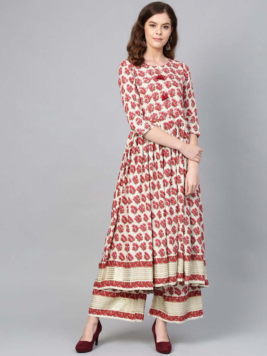 Ahalyaa Multi-color Round Neck Asymmetrical Floral Kurta with Palazzo | Grocsy