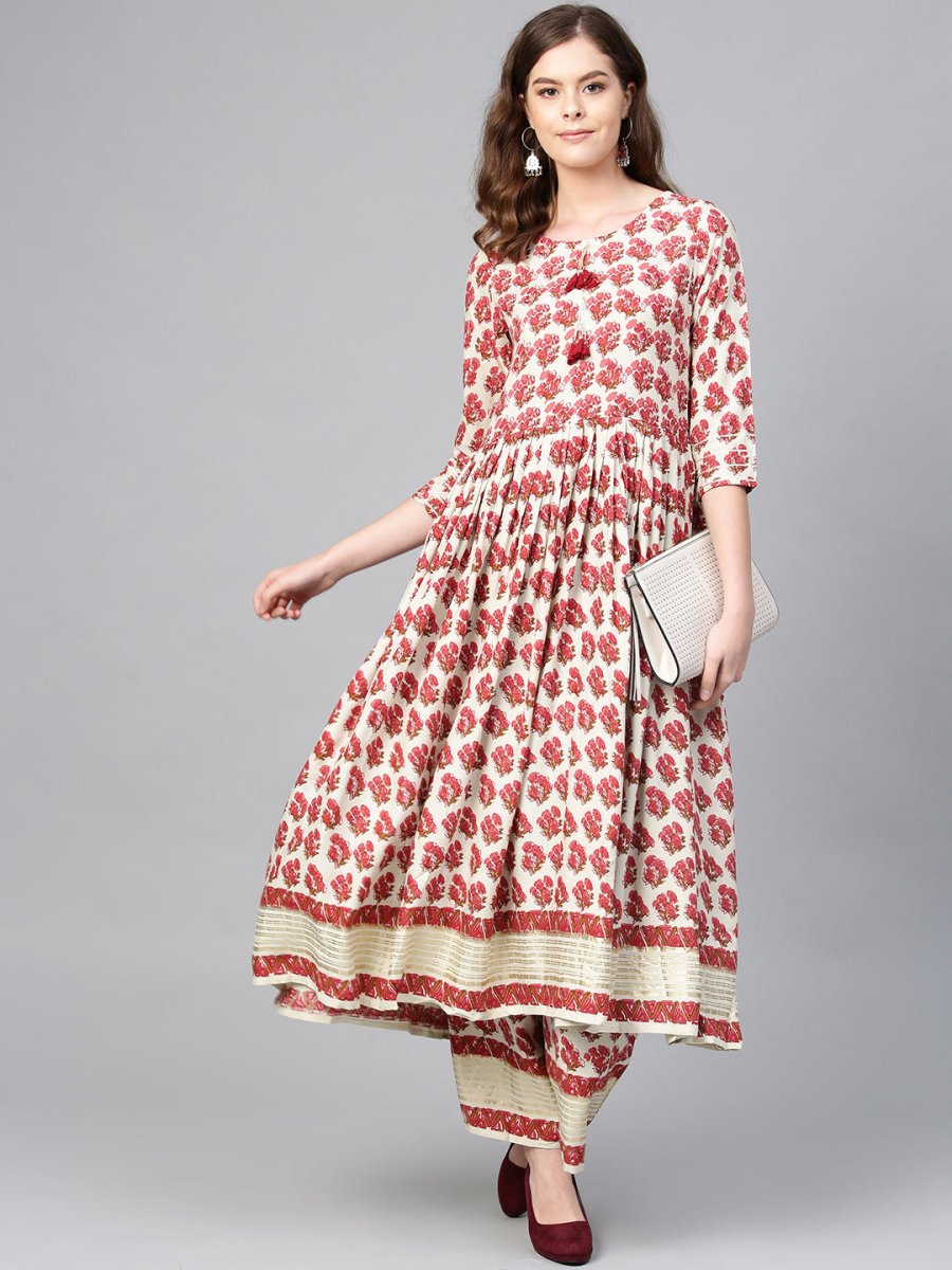 Ahalyaa Multi-color Round Neck Asymmetrical Floral Kurta with Palazzo | Grocsy