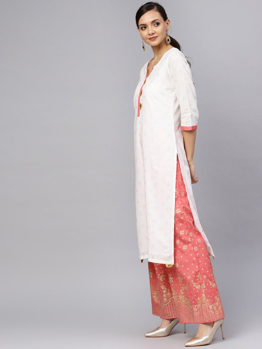 Ahalyaa White and Gold Printed Straight Kurta Set | Grocsy