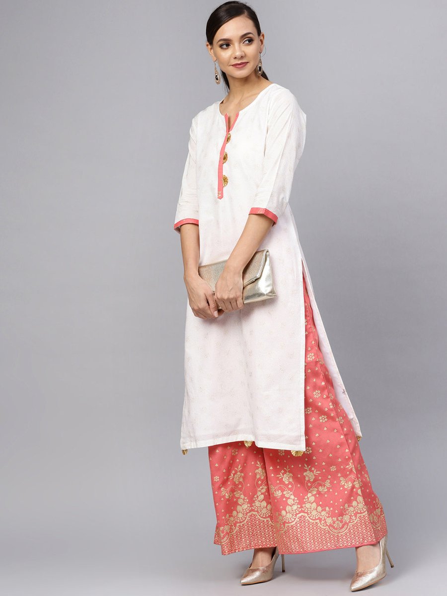 Ahalyaa White and Gold Printed Straight Kurta Set | Grocsy
