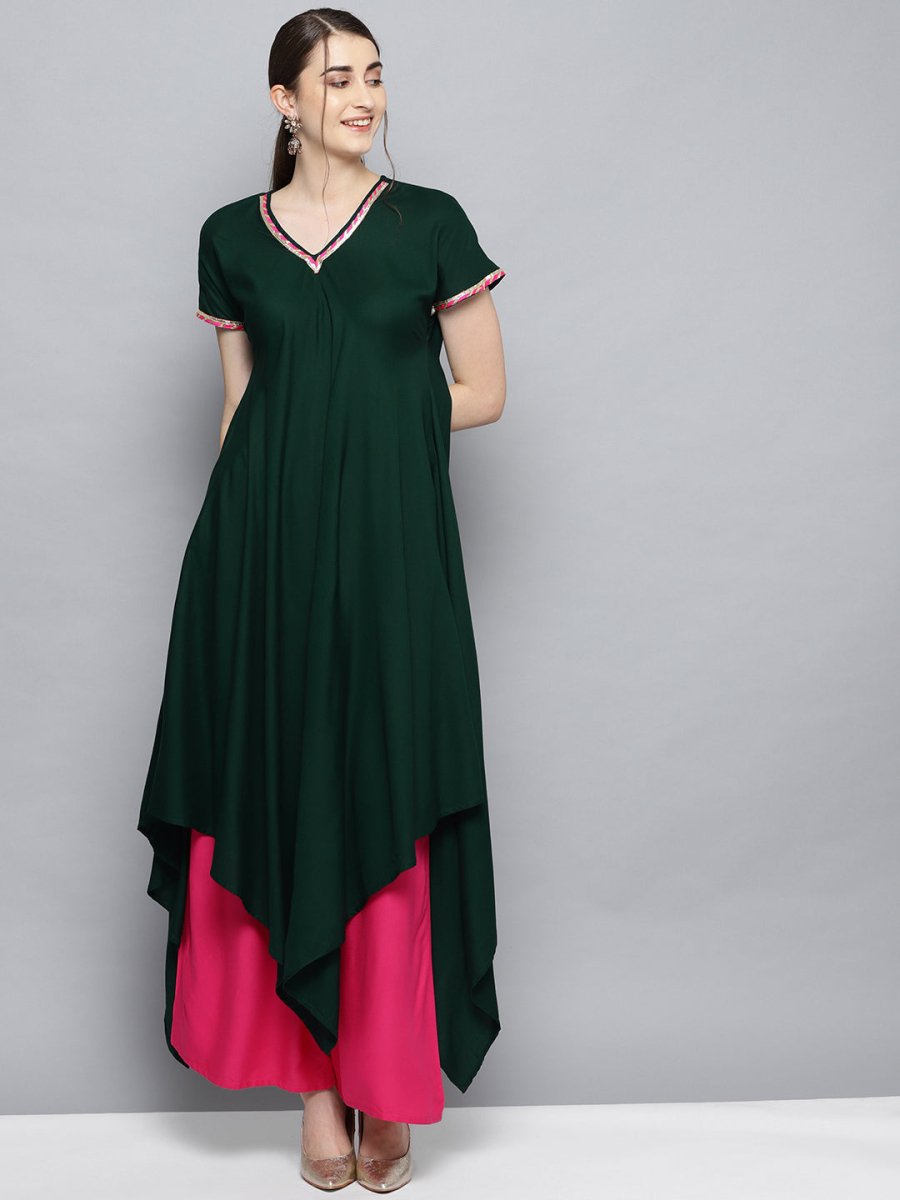 Ahalyaa Dark Green Solid Kimono Rayon Kurta Set For Women | Grocsy