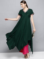 Ahalyaa Dark Green Solid Kimono Rayon Kurta Set For Women | Grocsy