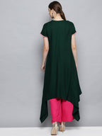 Ahalyaa Dark Green Solid Kimono Rayon Kurta Set For Women | Grocsy