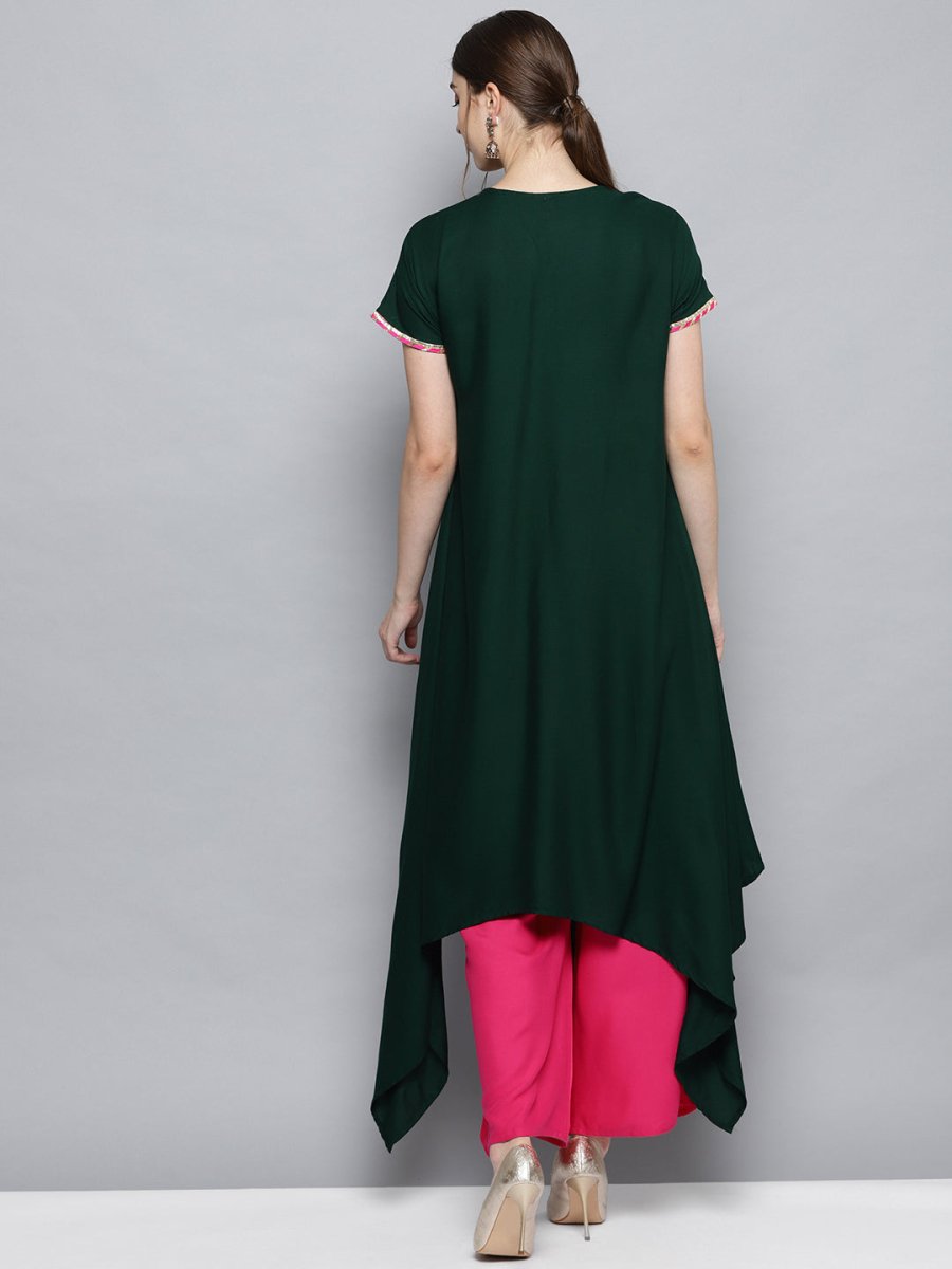 Ahalyaa Dark Green Solid Kimono Rayon Kurta Set For Women | Grocsy