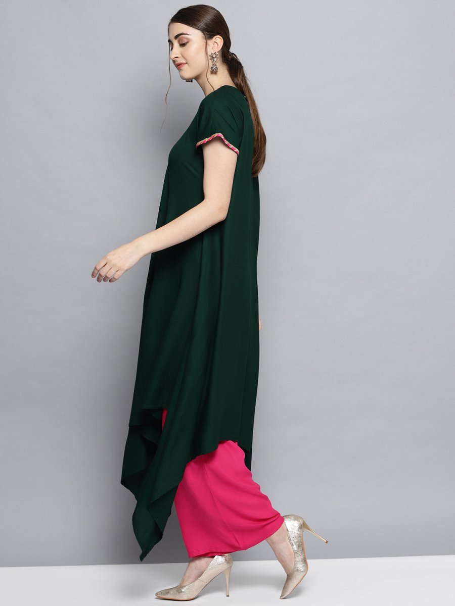 Ahalyaa Dark Green Solid Kimono Rayon Kurta Set For Women | Grocsy