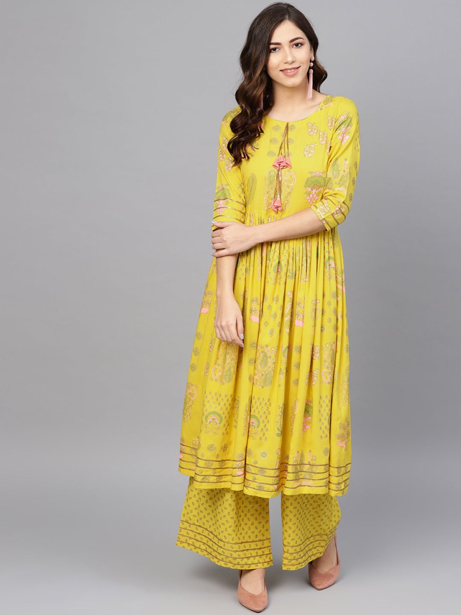 Ahalyaa Yellow Frock Suit with Plazzo | Grocsy