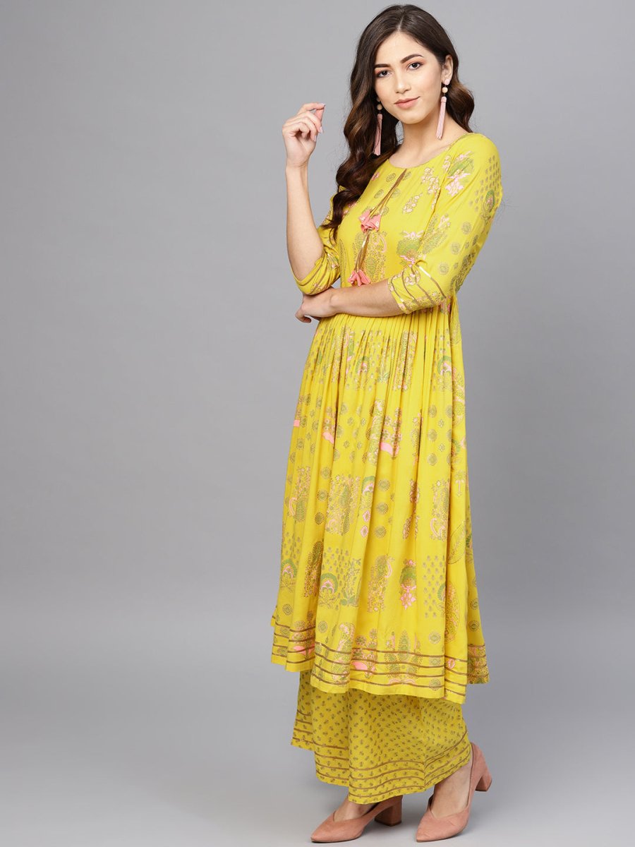 Ahalyaa Yellow Frock Suit with Plazzo | Grocsy