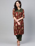 Ahalyaa Brown & Olive Green Printed Kurta with Palazzo | Grocsy