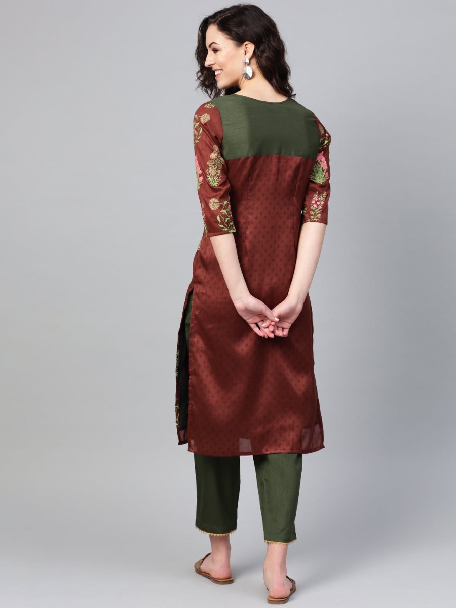 Ahalyaa Brown & Olive Green Printed Kurta with Palazzo | Grocsy