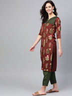 Ahalyaa Brown & Olive Green Printed Kurta with Palazzo | Grocsy