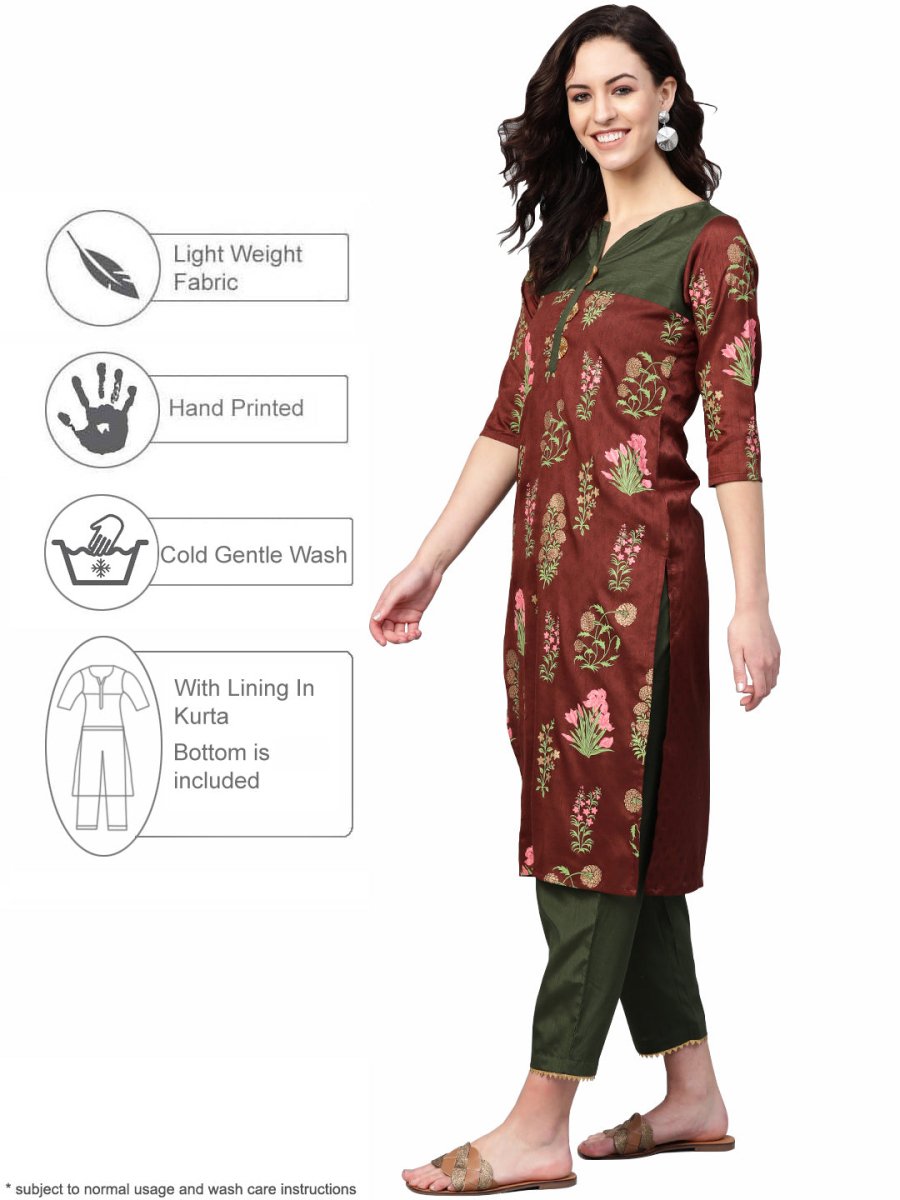 Ahalyaa Brown & Olive Green Printed Kurta with Palazzo | Grocsy