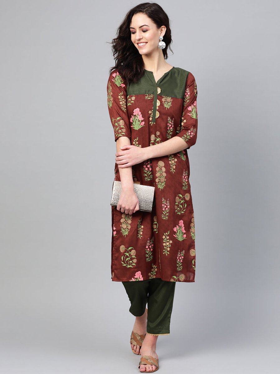 Ahalyaa Brown & Olive Green Printed Kurta with Palazzo | Grocsy