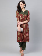 Ahalyaa Brown & Olive Green Printed Kurta with Palazzo | Grocsy