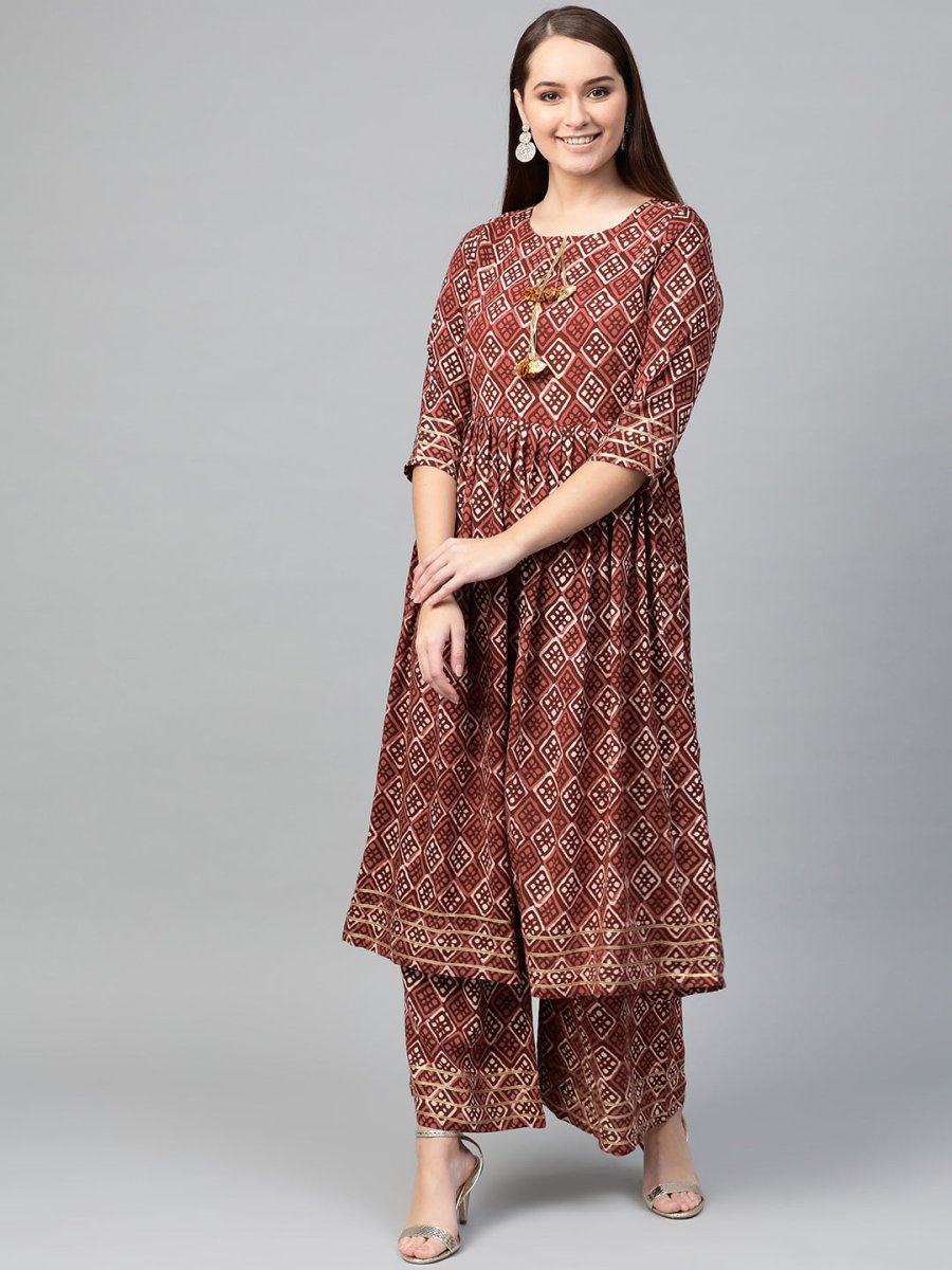 Ahalyaa Women Maroon & Off-White Printed A-Line Kurta with Palazzos | Grocsy