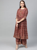 Ahalyaa Women Maroon & Off-White Printed A-Line Kurta with Palazzos | Grocsy