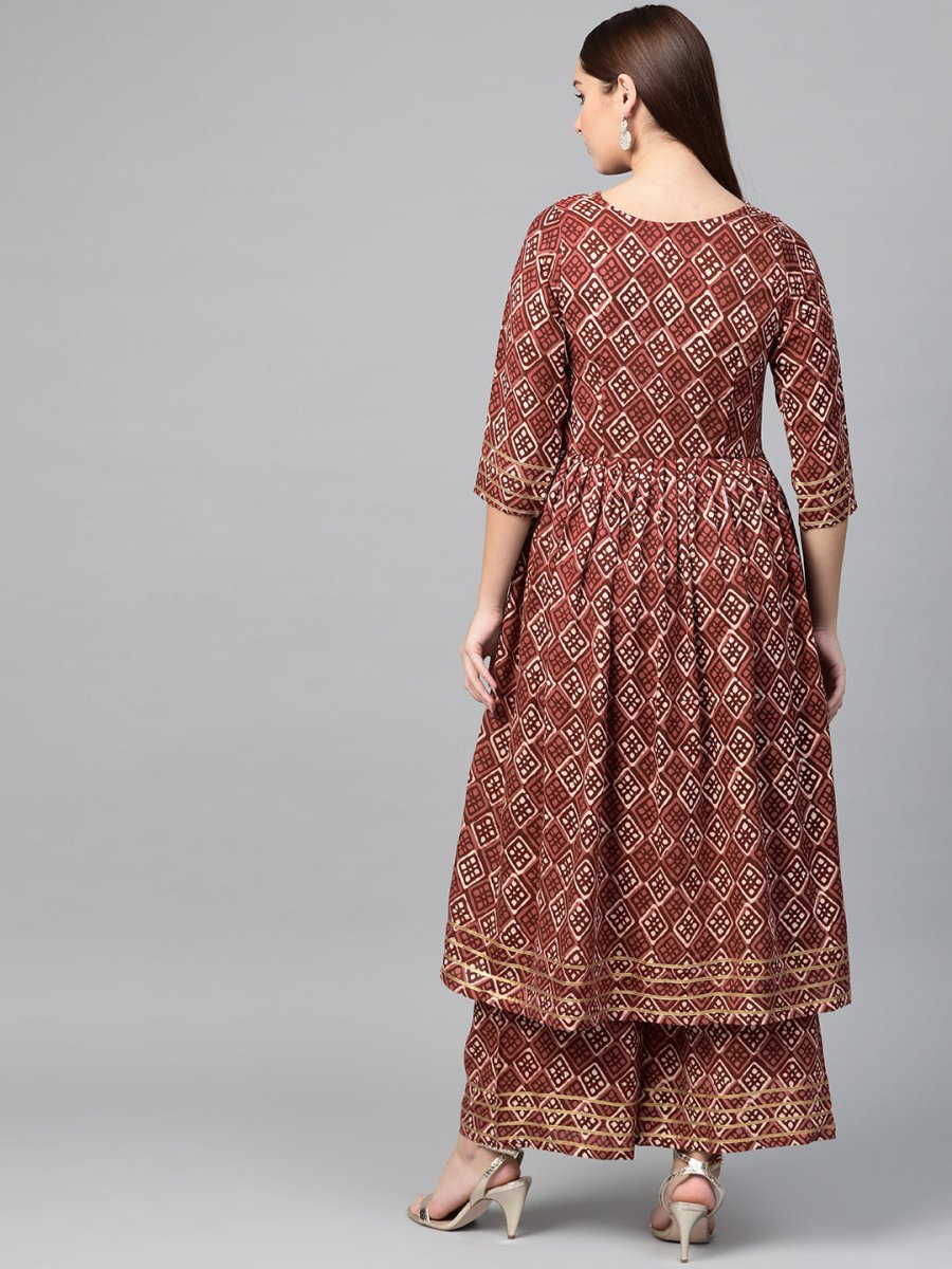 Ahalyaa Women Maroon & Off-White Printed A-Line Kurta with Palazzos | Grocsy
